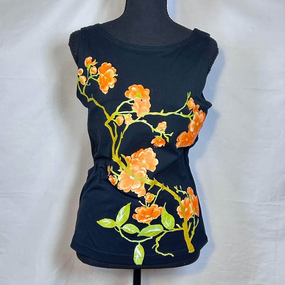 GAIAM Black Tank Top with Orange Floral Vine Print
